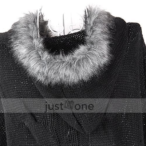 Trendy Women Girls Casual Faux Fur Hooded Bat Sleeve Loose Knit 