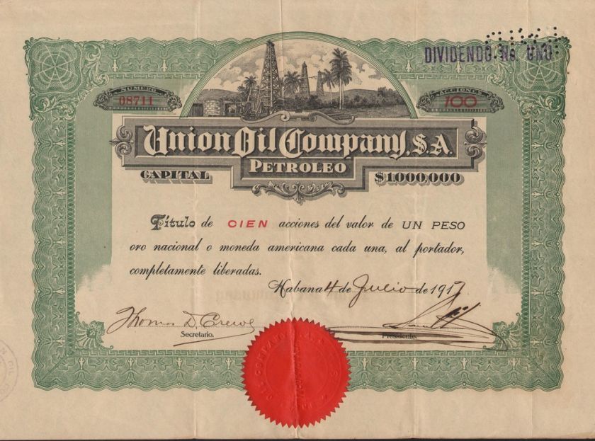 CUBA UNION OIL COMPANY stock certificate 1917  