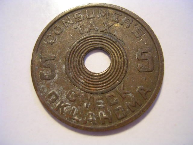 VINTAGE OKLAHOMA CONSUMERS TAX CHECK SALES TAX TOKEN 5 MILL ROUND 