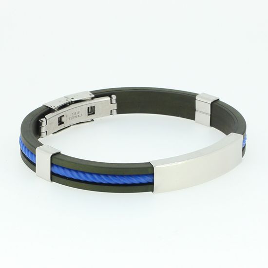 Stainless Steel Black Blue Rubber Bracelet Bangle  