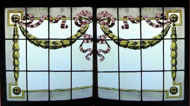BELGIUM PAINTED PAIR ANTIQUE STAINED GLASS WINDOWS  