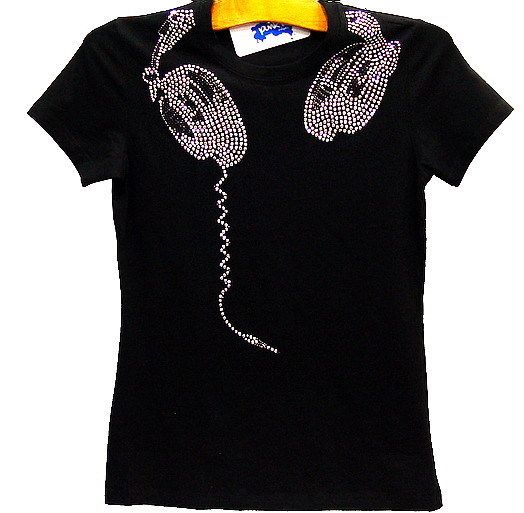 DJ Headphones RhineStone Bling Retro T Shirt Technics S  