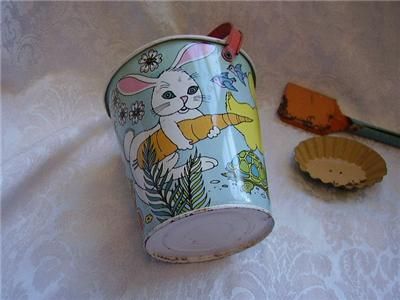   CHEIN Tin Litho EASTER Basket Bunny Sand Toy BUCKET,SHOVEL,MOLD  