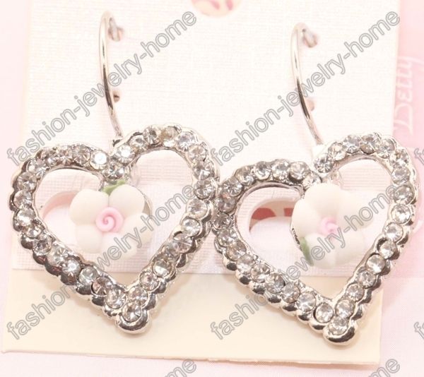 Clear Glass Crystal Heart Rose Flower Silver Plated Dangle Earrings 