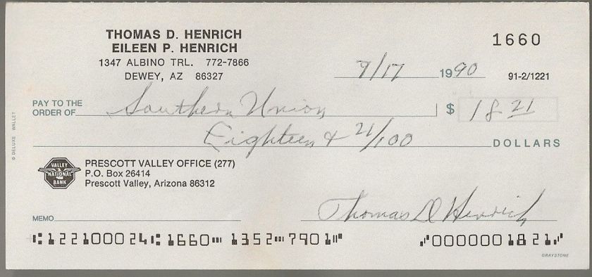 Tommy Henrich Autographed Signed Personal Check Authentic RARE New 