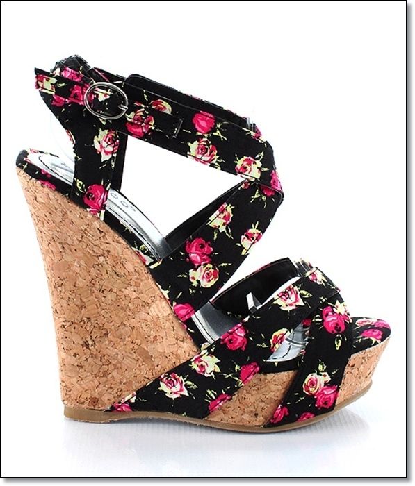 New Womens BAMBOO Floral Criss Cross Wedge Black  