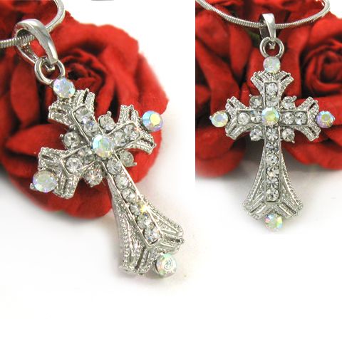 Adorable Clear Rhinestone Cross Pendant Necklace n337  